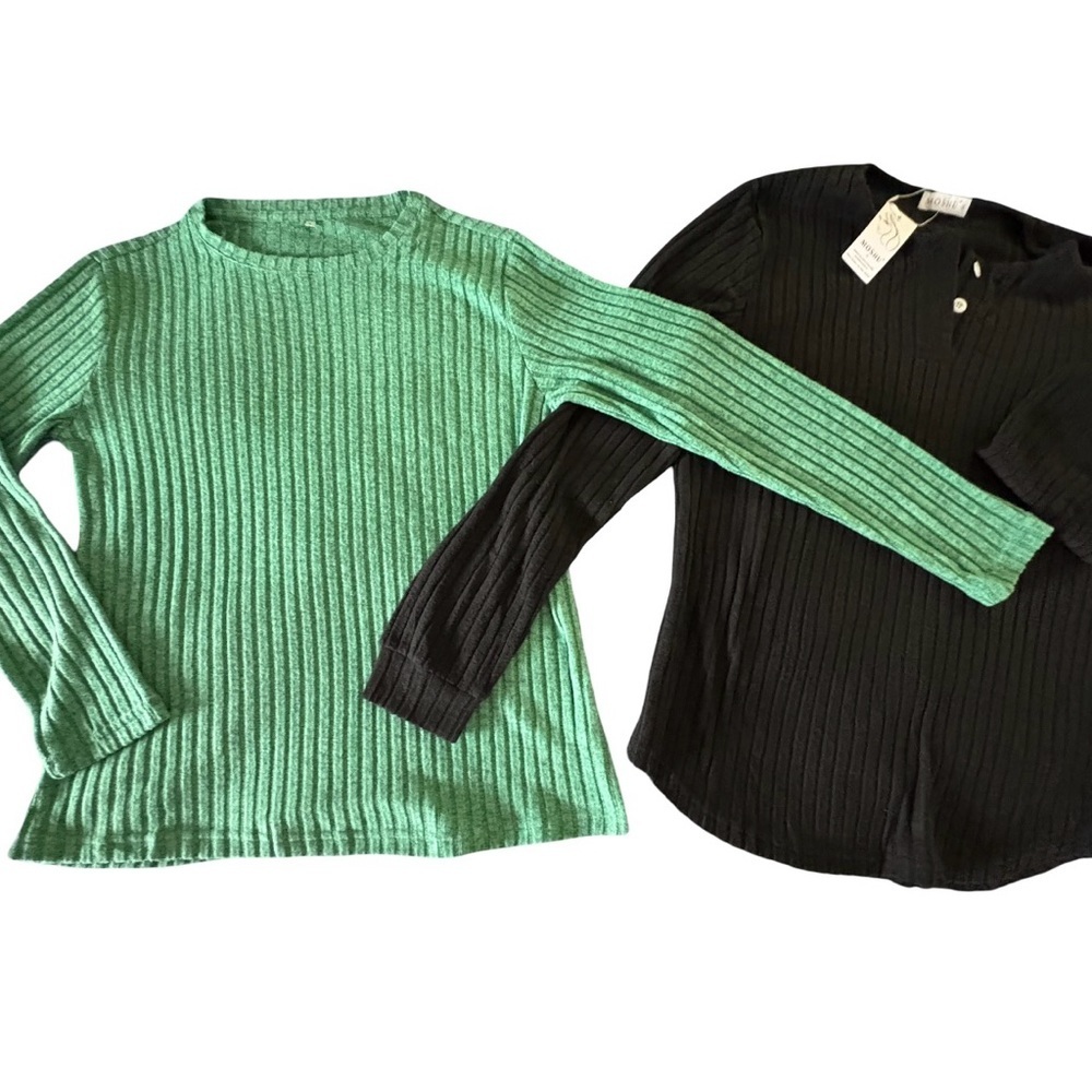 New-TWO Tunic Ribbed Long Sleeve 
1 Sage Lg & 1 Black XL Henley Tops